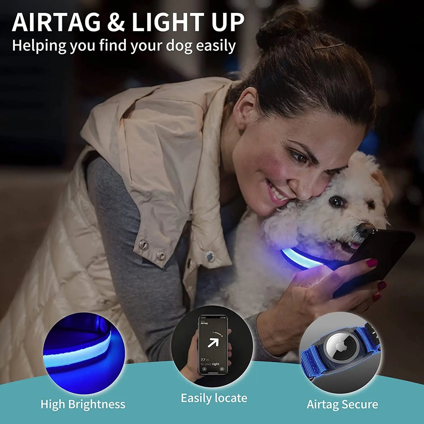 GPS Dog Collar with Apple AirTag - LED & USB Rechargeable