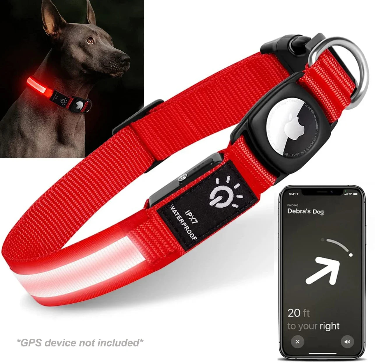 GPS Dog Collar with Apple AirTag - LED & USB Rechargeable