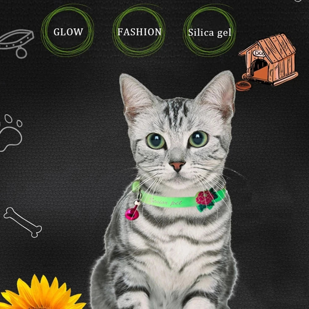 Glowing Silicone Cat Collar – Luminous Anti-Loss Pet Necklace with Bell for Cats & Small Dogs