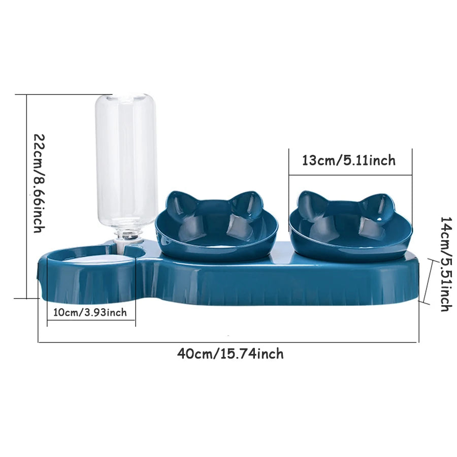 Triple Cat Bowls Pet Feeder - 2-in-1 Double Bowls with Automatic Drinking Bottle