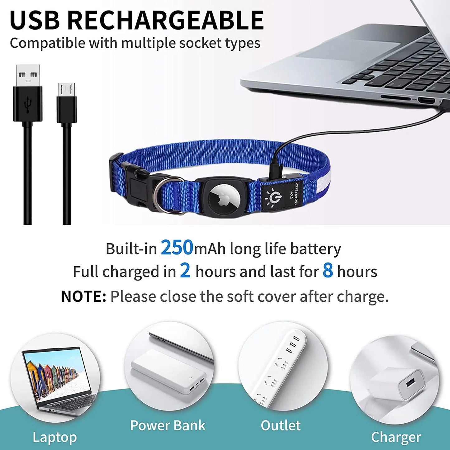 GPS Dog Collar with Apple AirTag - LED & USB Rechargeable