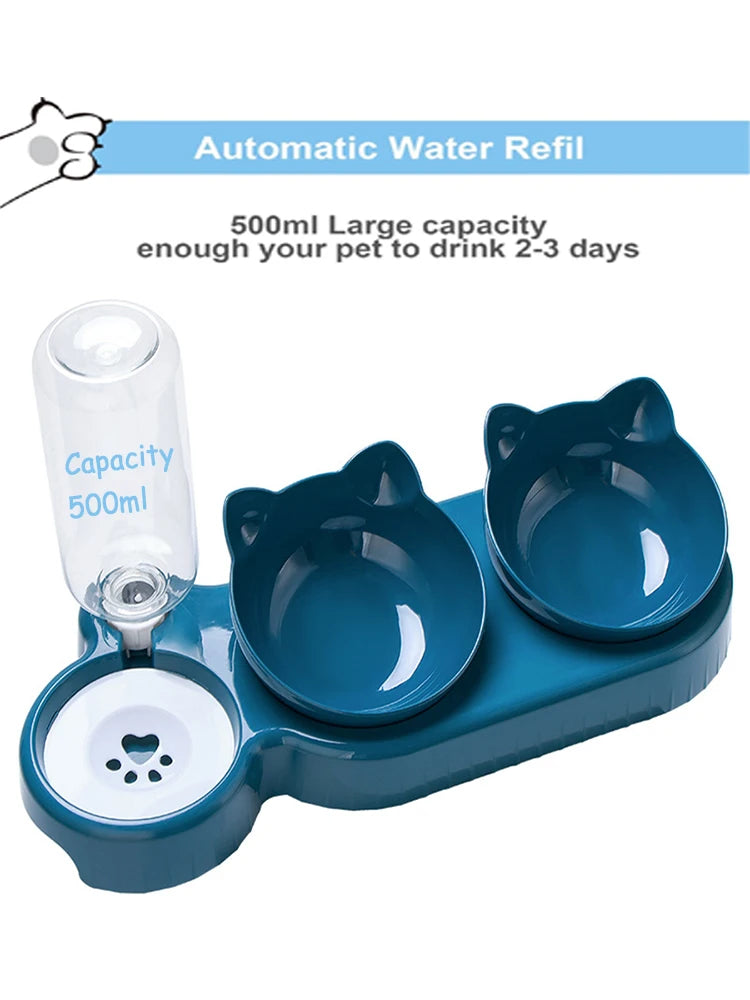 Triple Cat Bowls Pet Feeder - 2-in-1 Double Bowls with Automatic Drinking Bottle