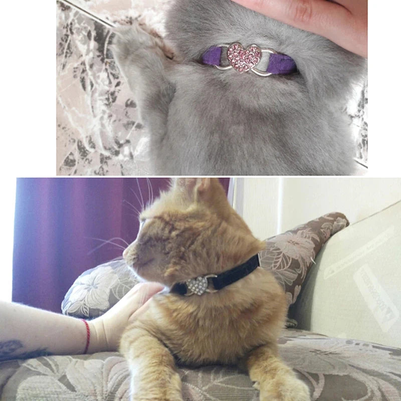 Süßes Katzenhalsband mit Herzanhänger aus Samt und Glöckchen – elastisch und verstellbar für kleine Haustiere