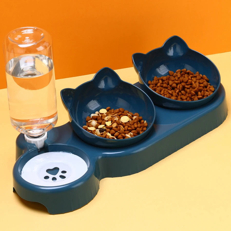 Triple Cat Bowls Pet Feeder - 2-in-1 Double Bowls with Automatic Drinking Bottle