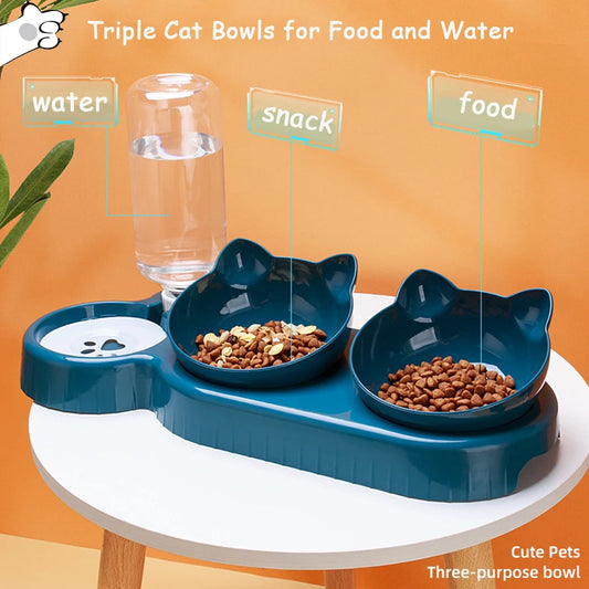 Dreifacher Futternapf für Katzen – 2-in-1-Doppelnäpfe mit automatischer Trinkflasche