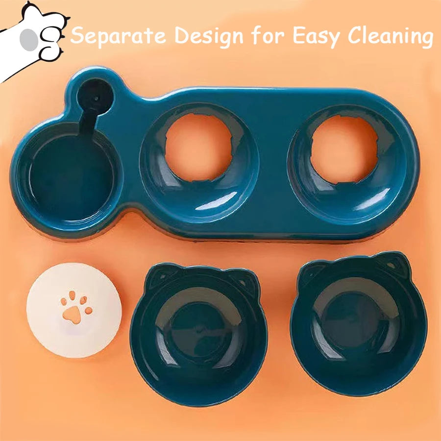 Triple Cat Bowls Pet Feeder - 2-in-1 Double Bowls with Automatic Drinking Bottle