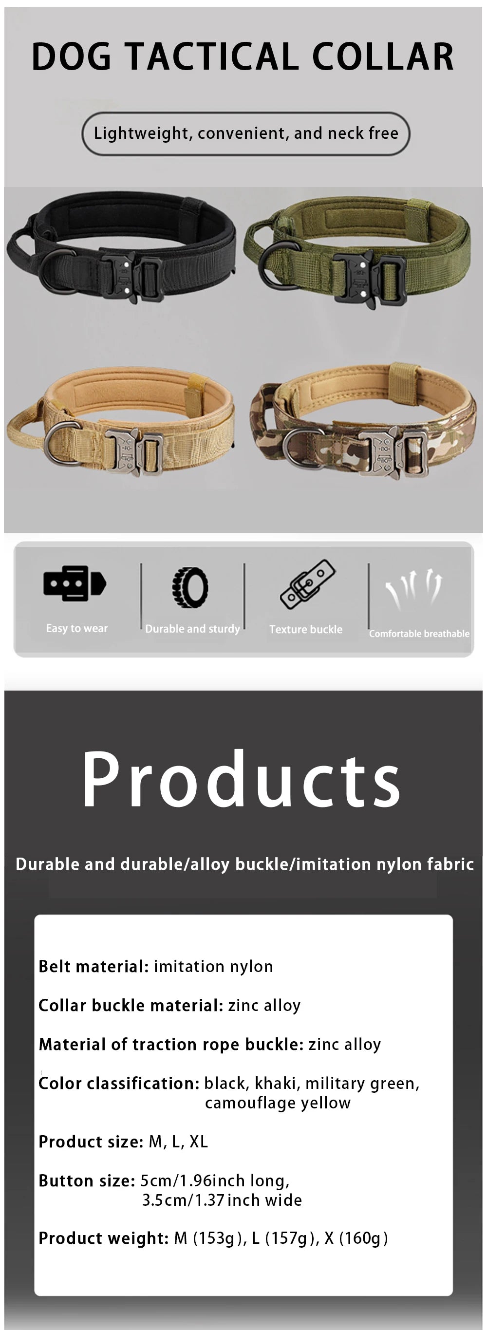 Taktisches Hundehalsband für den Außenbereich – strapazierfähiges Nylon mit Metallschnalle, atmungsaktives Design für mittelgroße und große Hunde – ideal für das Training