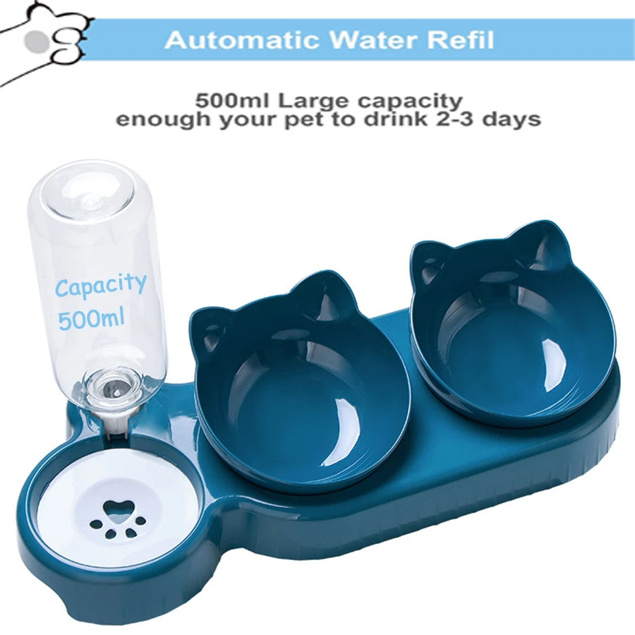 Triple Cat Bowls Pet Feeder - 2-in-1 Double Bowls with Automatic Drinking Bottle