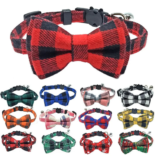 Cute Plaid Christmas Cat Collar with Breakaway Bow Tie and Bell